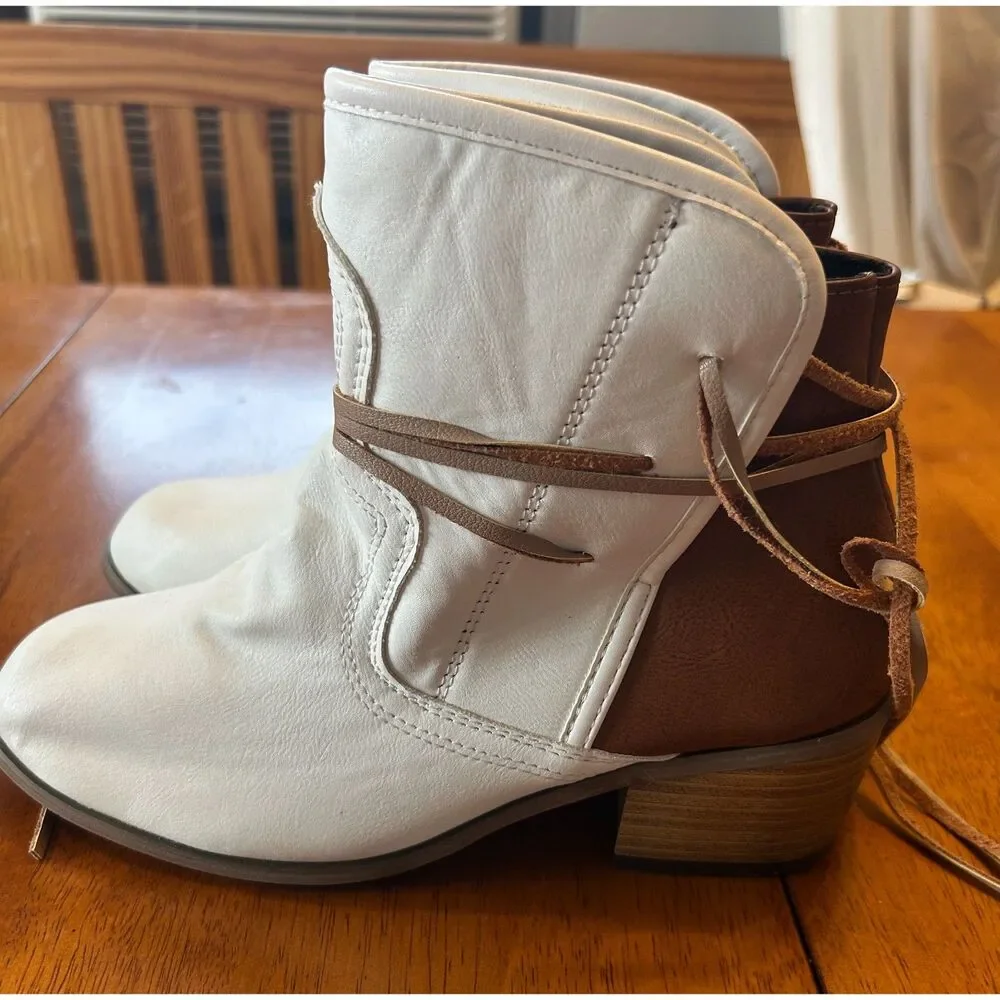 White Brown Lace Up Ankle Booties